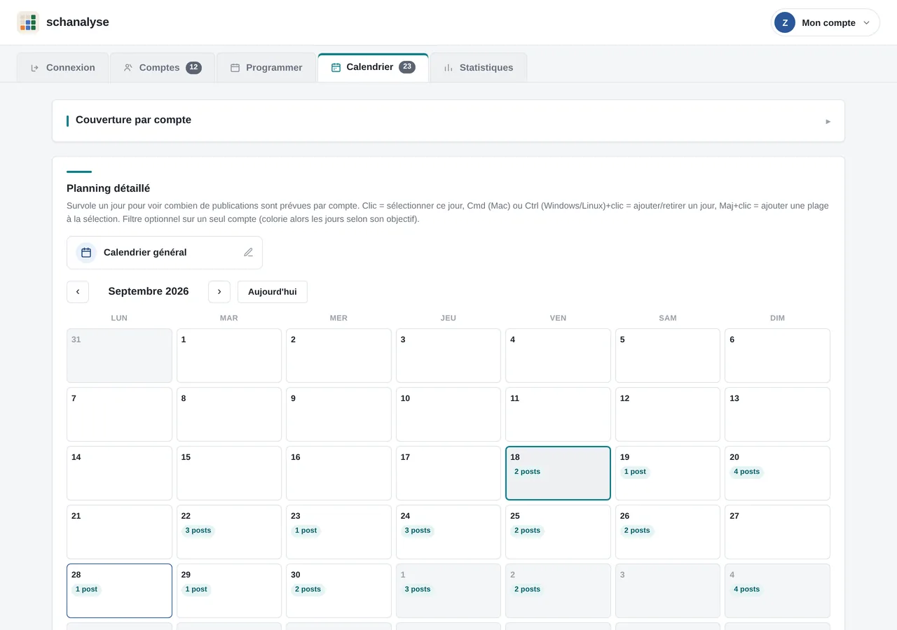 Aperçu du tableau de bord : calendrier des publications programmées